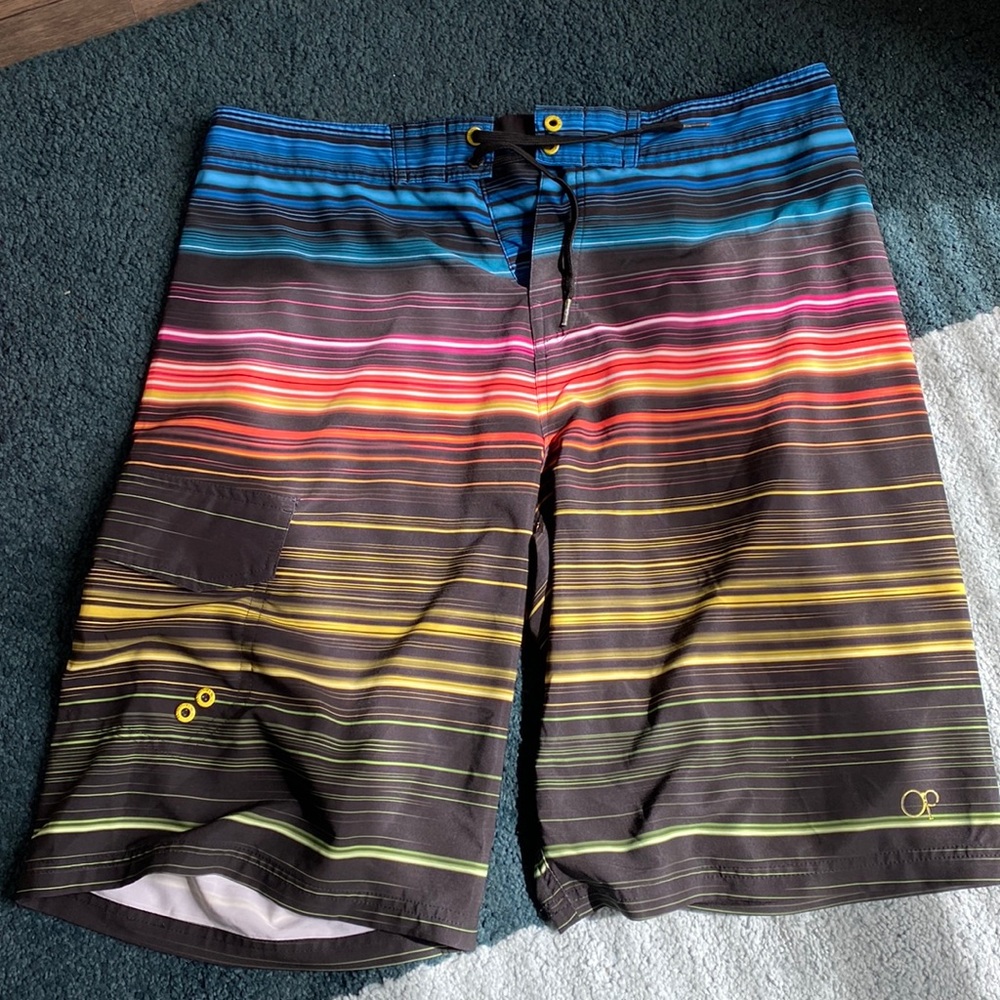 Rainbow striped swim trunks